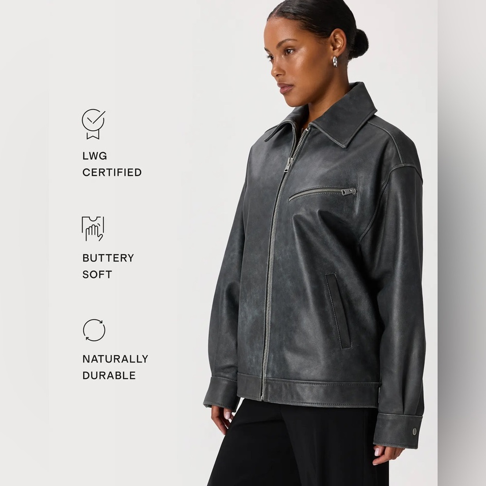 Quince 100% Leather‎ Oversized Bomber Jacket Color Distressed Black Size Medium - Picture 5 of 9